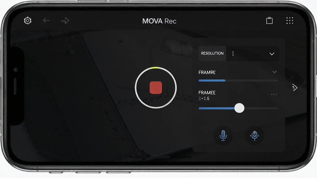 一张展示 MOVA Rec 软件界面的图片,主体为手机屏幕录制界面,布局中央显示录制按钮与参数设置面板,排版简洁清晰,风格为现代科技感深色主题,细节包括分辨率选项、帧率调节滑块、麦克风图标,画质高清,干净,无多余元素