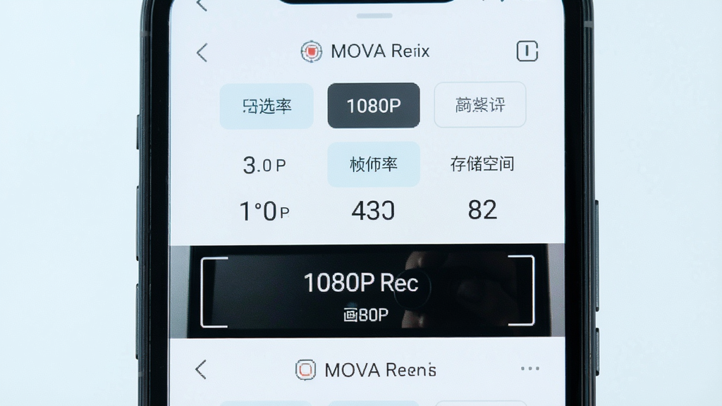 一张展示 MOVA Rec 高清录制功能的图片,主体为手机屏幕显示 1080P 录制参数界面,布局上方为画质选择栏,排版纵向排列,风格为清新浅色科技风,细节包括分辨率数字、帧率数值、存储空间提示,画质高清,干净,无多余元素