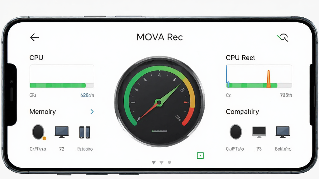 一张展示 MOVA Rec 低占用高兼容特性的图片,主体为手机性能监控界面显示 CPU 与内存占用率,布局中央为仪表盘图表,排版对称分布,风格为极简科技风,细节包括绿色低占用指示条、兼容设备图标,画质高清,干净,无多余元素