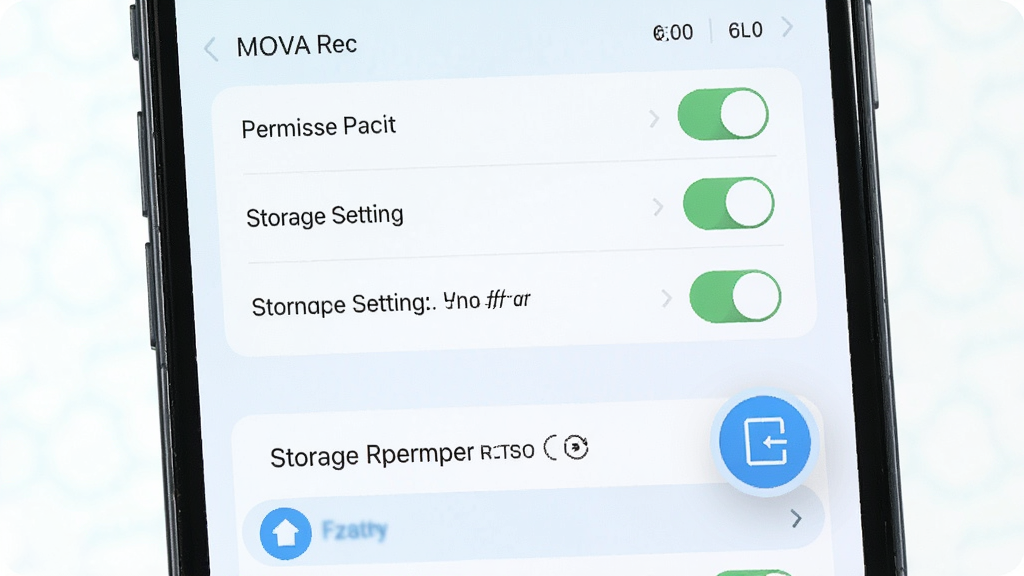 一张展示 MOVA Rec 移动端使用技巧的图片,主体为手机屏幕显示权限设置与存储选择界面,布局上方为权限开关列表,排版纵向清晰,风格为清新浅色风,细节包括存储路径选项、悬浮窗权限图标,画质高清,干净,无多余元素
