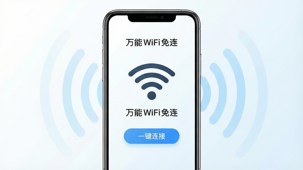 一张干净的手机应用界面展示图,画面中央是一部现代智能手机,手机屏幕上显示着“万能WiFi免连”的应用主界面,界面上有醒目的WiFi信号图标和“一键连接”按钮,周围环绕着淡蓝色的无线网络波纹元素,背景为简洁的白色与浅蓝色渐变,整体风格清爽现代,排版居中对称,细节清晰,画质高清,干净无多余元素
