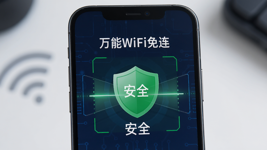 一部手机屏幕显示“万能WiFi免连”的安全检测界面,画面中有绿色的盾牌图标和“安全”字样,周围有细微的扫描光线效果,背景为深蓝色科技风格,布局简洁,画质高清,干净无多余元素