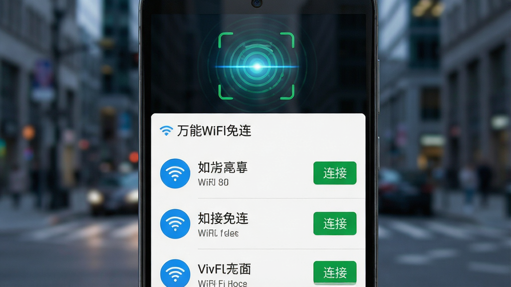 一部安卓手机屏幕特写,画面中“万能WiFi免连”应用正在展示WiFi热点列表,每个热点右侧有绿色的“连接”按钮,屏幕上方有扫描动画效果,背景是虚化的城市街景,风格写实科技感,布局突出手机屏幕内容,画质清晰,干净整洁