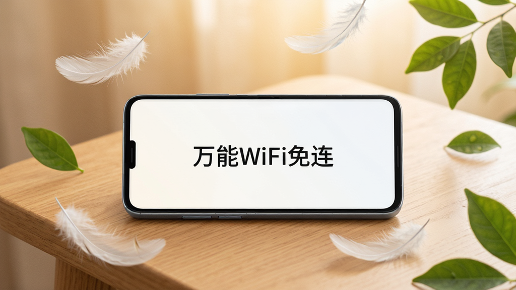 一部轻薄的智能手机放置在木质桌面上,屏幕显示“万能WiFi免连”的简洁主界面,周围有轻盈的羽毛和绿叶元素象征轻量,背景为柔和的暖色调,风格清新自然,布局居中,画质细腻,干净清爽