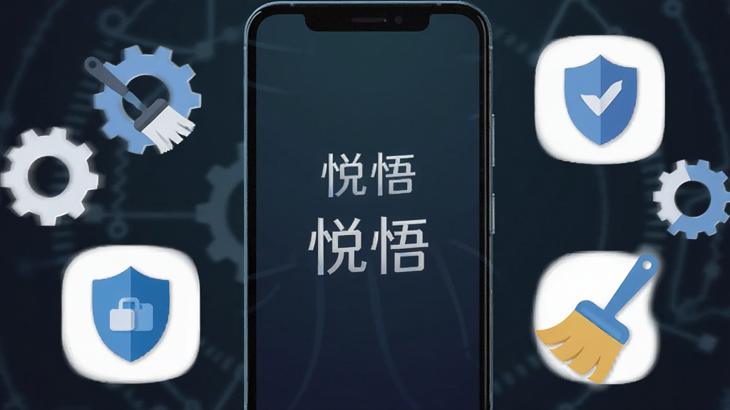 画面中央展示一部安卓手机,屏幕显示“悦悟”应用启动界面,背景为深色渐变,手机周围漂浮着齿轮、盾牌与清理刷图标,象征安全与维护,构图居中对称,风格扁平化科技感,细节清晰,画质干净,无多余元素