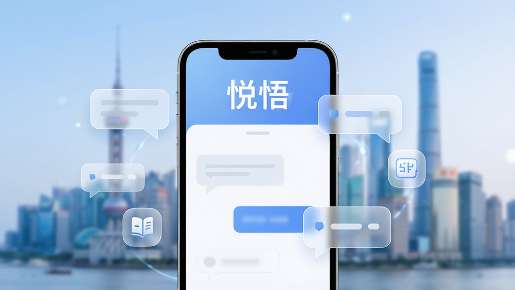 整体画面以柔和的蓝白渐变为主色调,中央放置一部智能手机,手机屏幕中显示简洁的问答对话界面,界面顶部有醒目的“悦悟”文字标识,周围环绕着半透明的气泡对话框与知识图标,背景为虚化的城市天际线,整体风格现代科技感,细节清晰,画质干净,无多余元素
