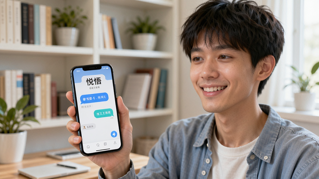 画面主体为一位年轻用户手持手机,手机屏幕中显示“悦悟”应用界面,界面中呈现一问一答的对话气泡,人物表情轻松愉悦,背景为明亮的居家书房环境,书架上摆放着书籍与绿植,整体布局采用三分法构图,风格清新写实,细节丰富,画质干净,无多余元素