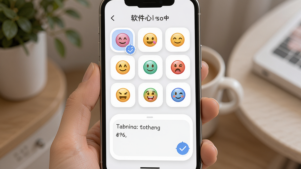 她想软件心情记录界面,主体为手机屏幕展示心情标签选择面板,布局为上下结构,上方为心情图标网格,下方为文字输入框,排版整齐,风格为柔和圆角卡片设计,细节包含彩色心情表情和选中高亮效果,画质高清,干净,无多余元素