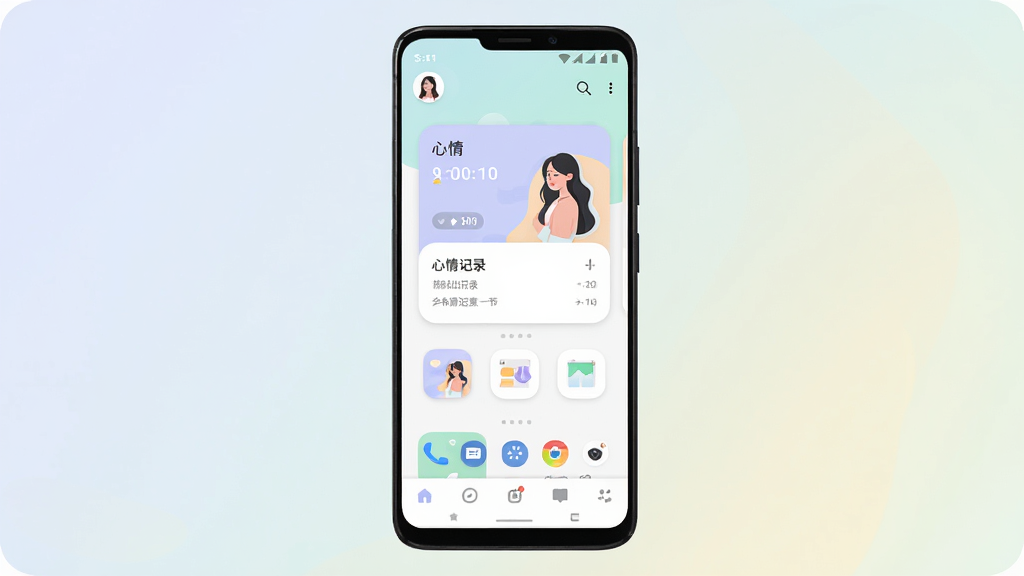 她想软件主界面预览图,主体为一部安卓手机屏幕,屏幕中显示她想应用的首页布局,包含心情记录卡片和底部导航栏,布局简洁居中,排版清晰,风格为现代清新扁平化设计,细节包含柔和的浅色背景和圆角图标,画质高清,干净,无多余元素