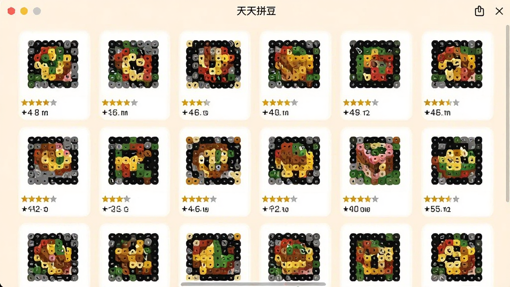 天天拼豆软件界面截图,画面中展示一个整齐排列的拼豆图纸选择列表,每张图纸缩略图下方标注着难度星级和所需豆子数量,背景是浅色柔和的界面,风格简洁现代,画质清晰,干净无多余元素
