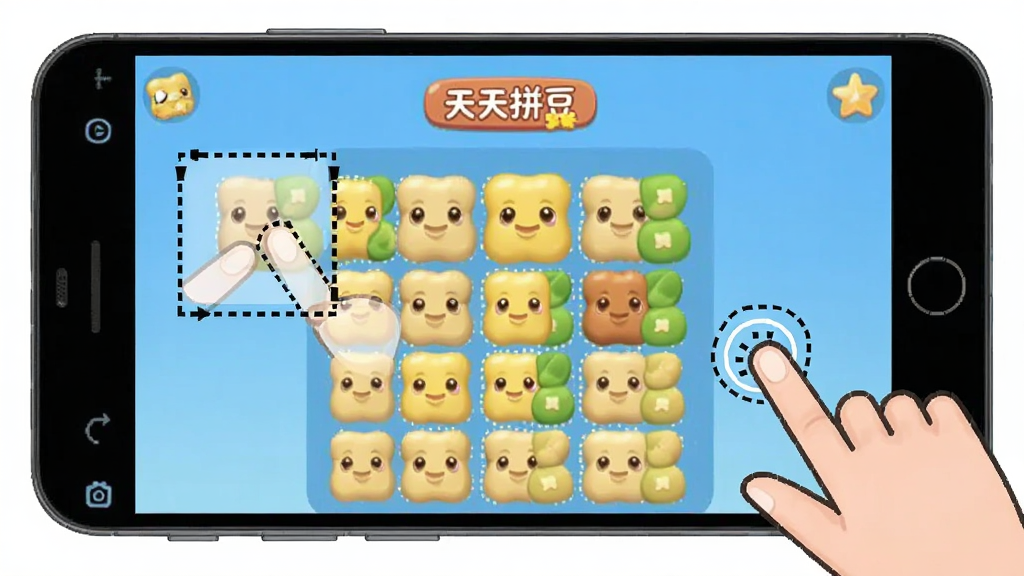 天天拼豆安卓手机操作示意图,画面展示手机屏幕中天天拼豆的拼豆网格界面,用虚线标注了双指缩放和单指点击的操作手势,界面清晰友好,风格教学示意,画质干净,无多余元素
