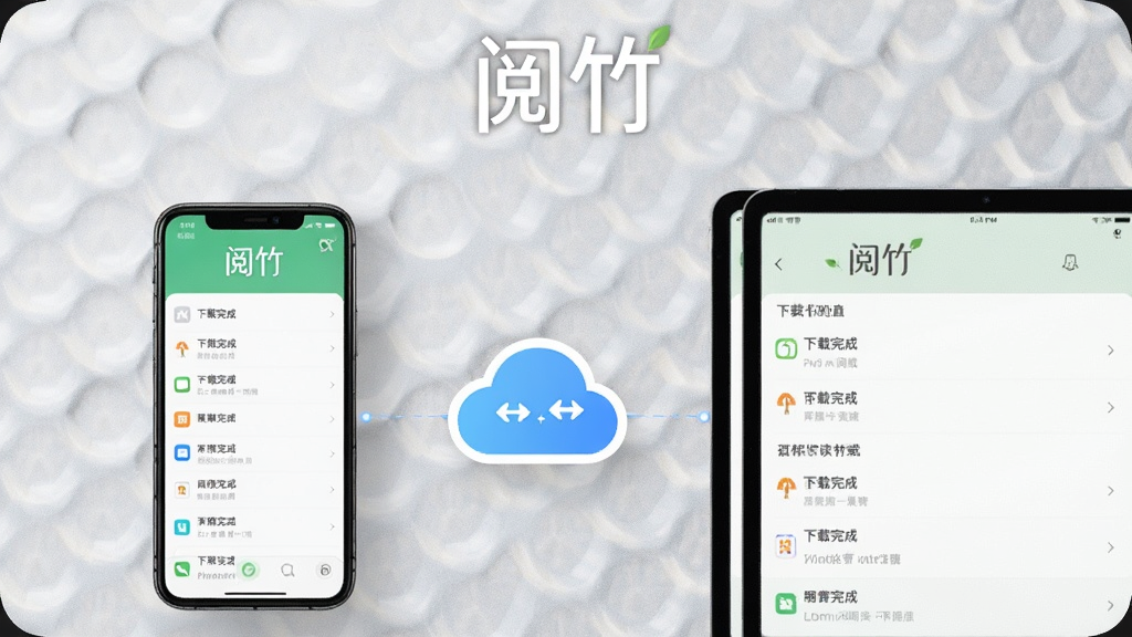 画面中一部手机显示下载完成列表,另一部平板显示相同阅读进度,中间用云朵图标连接,顶部标注“阅竹”名称,背景为浅灰质感,风格简约商务,画质清晰干净