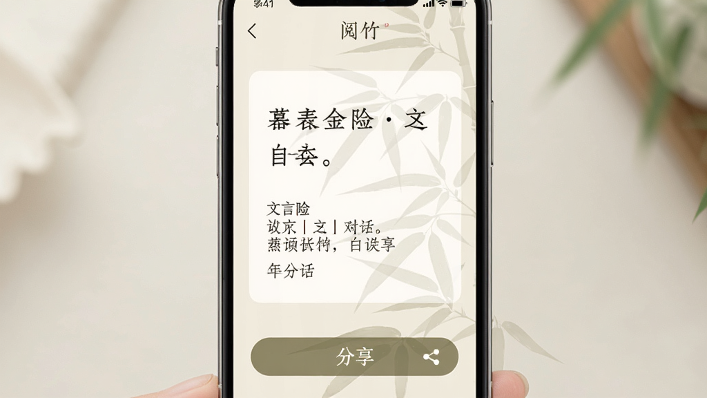手机界面展示阅竹的摘录卡片生成页,卡片上有文言金句与白话译文,下方有分享按钮,背景为淡雅米色,风格清新素雅,细节包括竹叶水印与“阅竹”小字,画质干净
