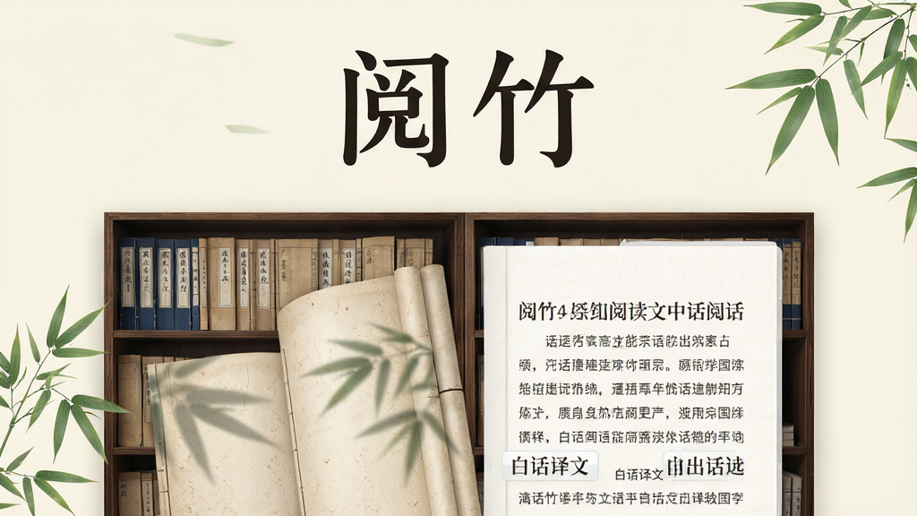 软件主界面居中展示,上方用大字标注“阅竹”,下方为整齐的古籍书架与白话译文阅读页,背景为淡雅米白色,整体风格清新简洁,细节包括书页纹理与竹叶点缀,画质干净清晰,无多余元素