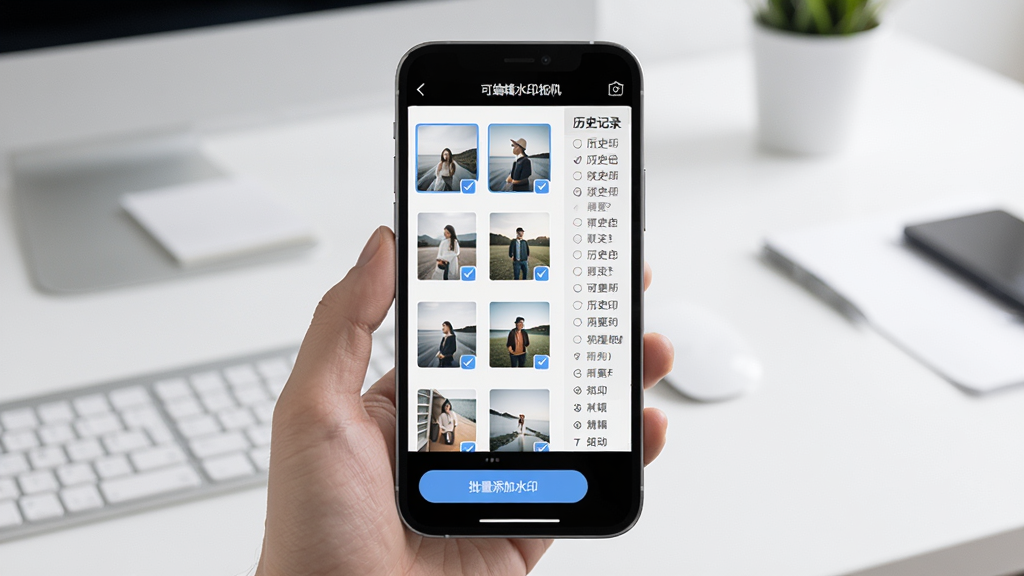 画面展示「可编辑水印相机」的批量处理界面,手机屏幕上显示多张照片缩略图被勾选,底部有“批量添加水印”按钮,旁边有历史记录列表,背景为干净的办公桌面,整体风格简约高效,画质清晰,干净无多余元素。