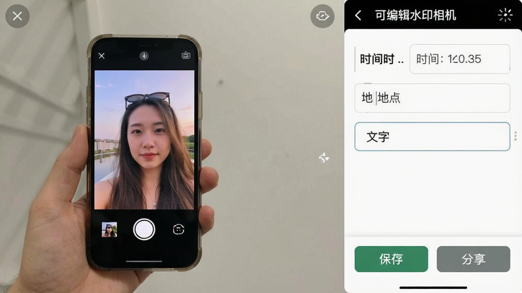 一张手机屏幕截图风格的图片,展示「可编辑水印相机」的实时预览界面,左侧是拍摄的画面,右侧是水印编辑面板,面板上有时间、地点、文字等输入框,底部有保存和分享按钮,整体布局清晰,风格现代,画质清晰,干净无多余元素。