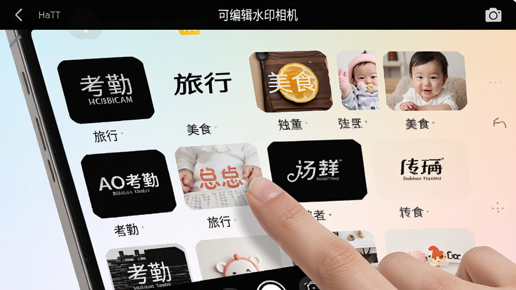 画面展示「可编辑水印相机」的模板选择界面,屏幕上以网格形式排列着各种风格的水印模板缩略图,包括考勤、旅行、美食、宝宝等分类标签,用户手指正在滑动浏览,背景为柔和的浅色渐变,整体风格清爽整洁,画质高清,干净无多余元素。