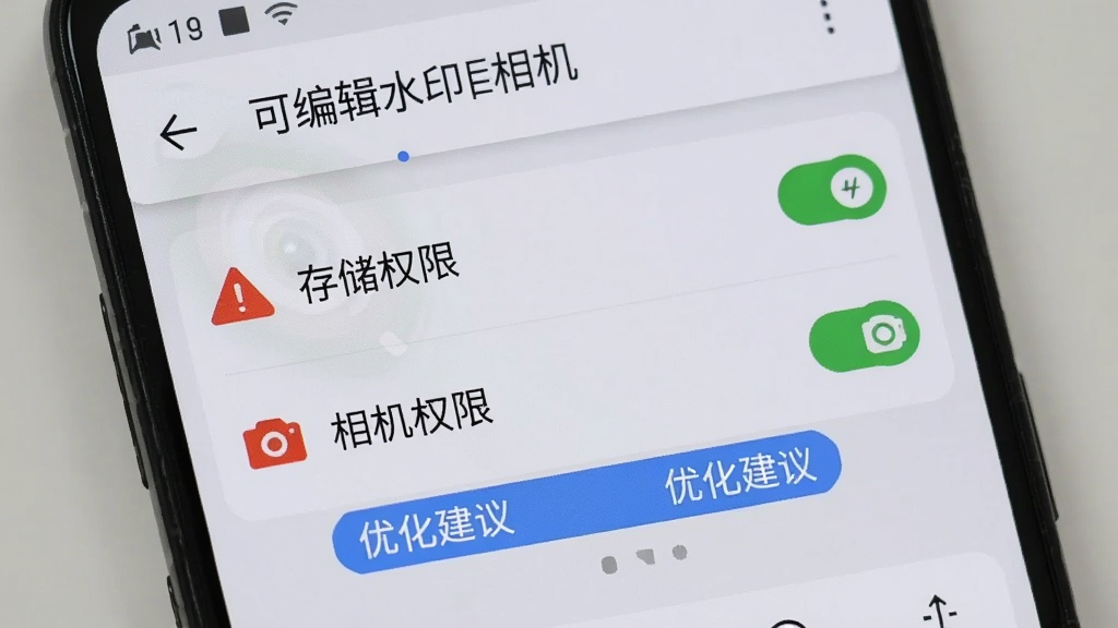 画面展示一部安卓手机屏幕,上面打开着「可编辑水印相机」的设置界面,高亮显示“存储权限”和“相机权限”已开启,旁边有红色警示图标和蓝色优化建议标签,背景为浅灰色,整体风格清晰直观,画质干净,无多余元素。