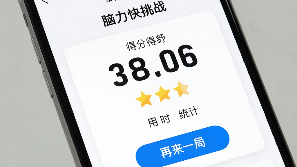 画面为手机屏幕特写,屏幕上显示“脑力快挑战”成绩结算页面,页面上有得分数字、星级评价、用时统计和“再来一局”按钮,布局为上下结构,风格为清爽的数据展示界面风格,细节上数字用大号字体突出显示,背景为白色卡片式设计,画质清晰干净,无多余元素