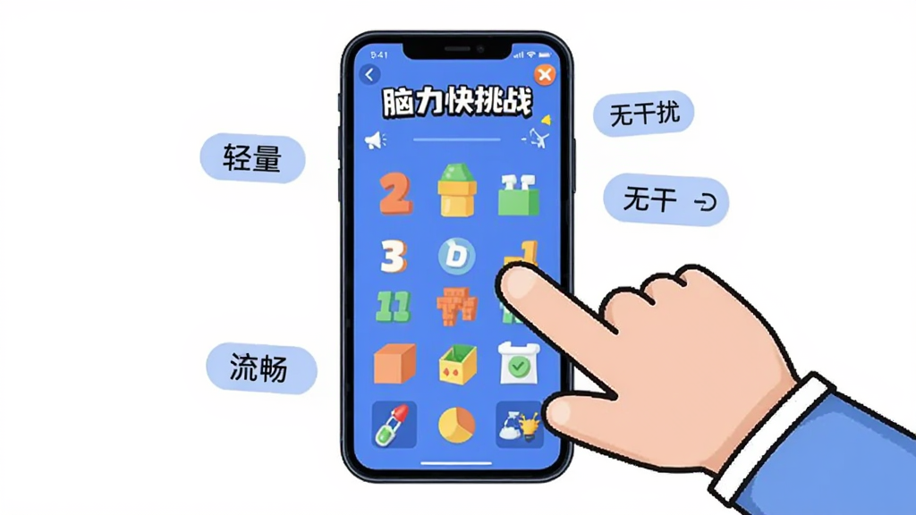 画面为一部手机和一只卡通手正在点击屏幕,手机屏幕上显示“脑力快挑战”游戏进行中的画面,画面中有数字和图形元素,布局为手机居中、手从右侧伸入,风格为简洁插画风格,细节上手机周围有“轻量”“流畅”“无干扰”三个小标签漂浮,画质清晰干净,无多余元素