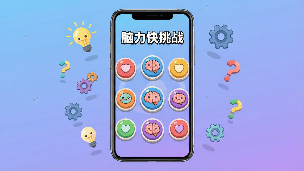 画面中央放置一部智能手机,手机屏幕上显示“脑力快挑战”游戏主界面,界面中有多个彩色圆形关卡按钮和卡通大脑图标,背景是柔和渐变蓝紫色,布局为居中对称式,风格为扁平化休闲游戏UI风格,细节上按钮带有轻微立体阴影,屏幕周围漂浮着灯泡、齿轮、问号等小图标,画质清晰干净,无多余元素
