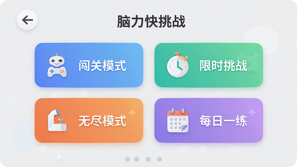 画面中央展示“脑力快挑战”游戏模式选择界面,界面上有四个大按钮分别标注“闯关模式”“限时挑战”“无尽模式”“每日一练”,布局为两行两列网格排列,风格为现代扁平化UI设计风格,细节上按钮带有图标和柔和渐变色,背景为浅灰色,画质清晰干净,无多余元素