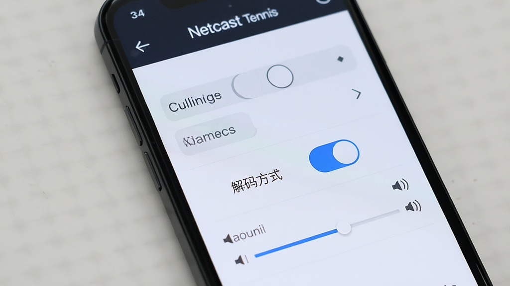 主体为一部手机屏幕特写,布局上屏幕居中显示Netcast Tennis播放设置界面,排版清晰,风格为科技感UI展示,细节包括清晰度选项、解码方式切换按钮、音量条等,画质高清、画面干净、无多余元素