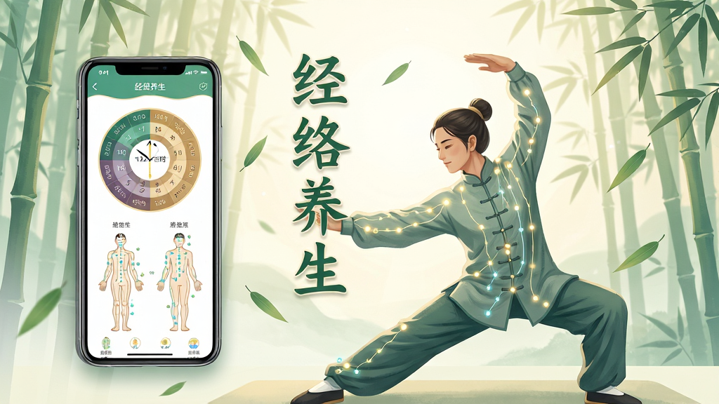 一张展现中医经络养生主题的竖版海报,画面中央是一位穿着传统练功服的养生者正在做舒展动作,背景是柔和的晨光与竹林,画面左侧悬浮一个手机屏幕,屏幕内展示经络养生APP的界面,界面中清晰显示十二时辰经络时钟和穴位图谱,画面风格为清新国风插画,色彩以青绿、米白、淡金为主,细节包括经络线条、穴位光点、飘落的竹叶,画质高清,干净,无多余元素,图片中文字标注“经络养生”。