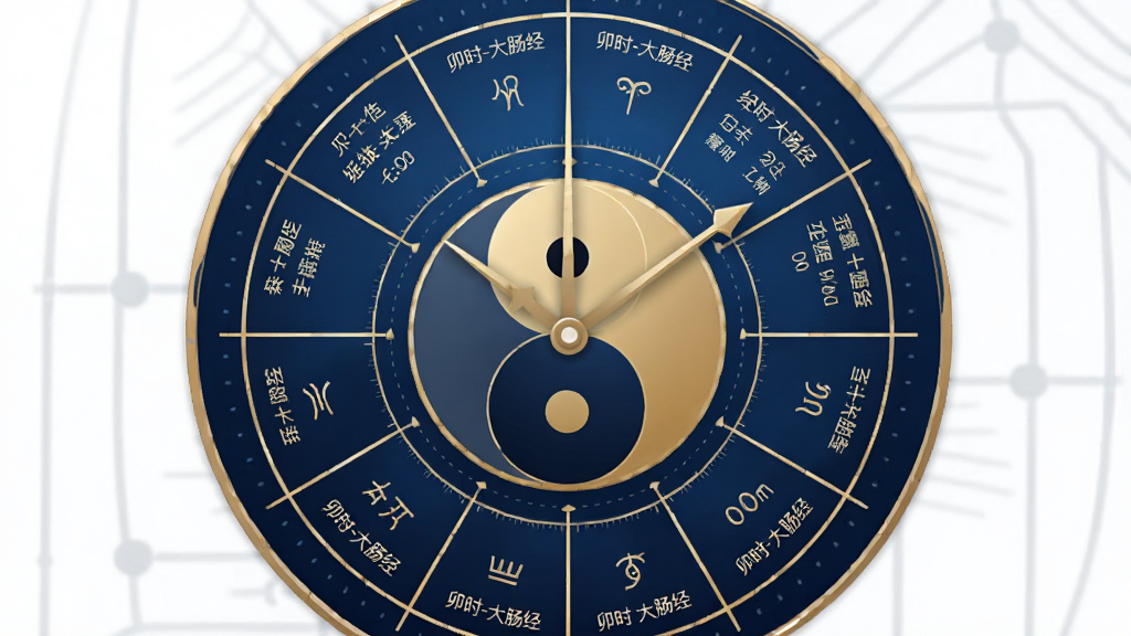 一个圆形时钟样式的UI界面,中心是太极图案,外圈分为十二个扇形区域,每个区域标注一个地支时辰和对应经络名称,如“卯时-大肠经”,时钟指针指向早上6点,界面配色为深蓝渐变与金色线条,风格为扁平化科技中医风,背景干净无杂物,画质清晰,图片中文字“经络养生时钟”。
