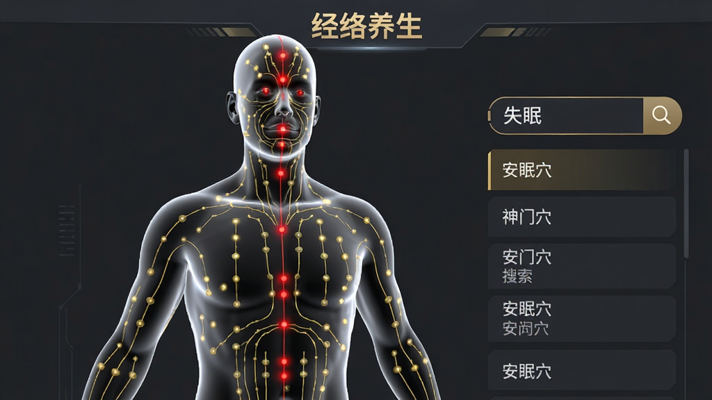 一个3D人体模型界面,模型呈现半透明状态,体表覆盖着金色的经络线和红色的穴位点,模型右侧有一个搜索框,搜索框内显示“失眠”二字,下方列出“安眠穴”、“神门穴”等搜索结果,界面风格为科技感中医解剖图,配色以深灰背景、金色线条、红色高亮为主,画质高清,干净,图片中文字“经络养生”。