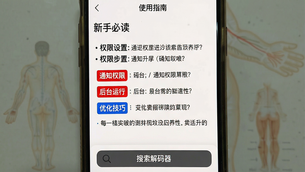 一张手机屏幕截图,显示经络养生APP的“使用指南”页面,页面顶部是标题“新手必读”,下方分点列出权限设置步骤,其中“通知权限”和“后台运行”用红色高亮,“优化技巧”用蓝色标注,页面底部有一个“搜索解码器”的按钮,整体风格为简洁的移动端UI,配色为白底黑字加彩色标签,画质清晰,无多余元素。