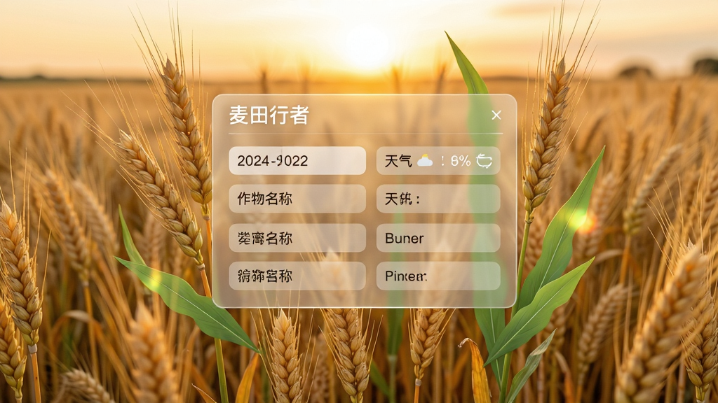 一片金黄色的麦田在夕阳下闪耀,画面中央悬浮着一块半透明的数字记录面板,面板上显示着日期、天气、作物名称等字段,面板周围环绕着麦穗和绿色叶片,布局采用三分法构图,排版清晰,风格为写实与扁平化融合,细节包含麦穗颗粒和柔和光晕,画质高清,干净,无多余元素,图片中文字显示