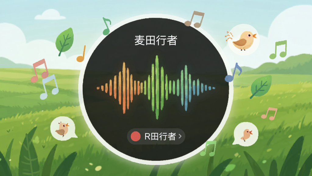 一个圆形的录音界面悬浮在绿色田野背景上,界面中显示声波波形和录音时长,周围环绕着音符、树叶和鸟鸣图标,布局采用中心放射构图,排版简洁,风格为现代扁平化,细节包含声波纹理和柔光效果,画质清晰,干净,无多余元素,图片中文字显示