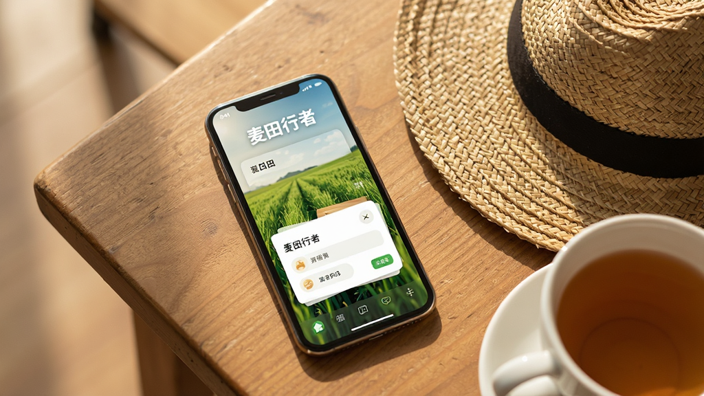 一部手机放置在木桌上,屏幕显示麦田行者应用界面,界面中有绿色田野背景和记录卡片,手机旁边放着一顶草帽和一杯茶,布局采用生活化场景构图,排版自然,风格为温暖写实,细节包含木纹和柔和光影,画质清晰,干净,无多余元素,图片中文字显示