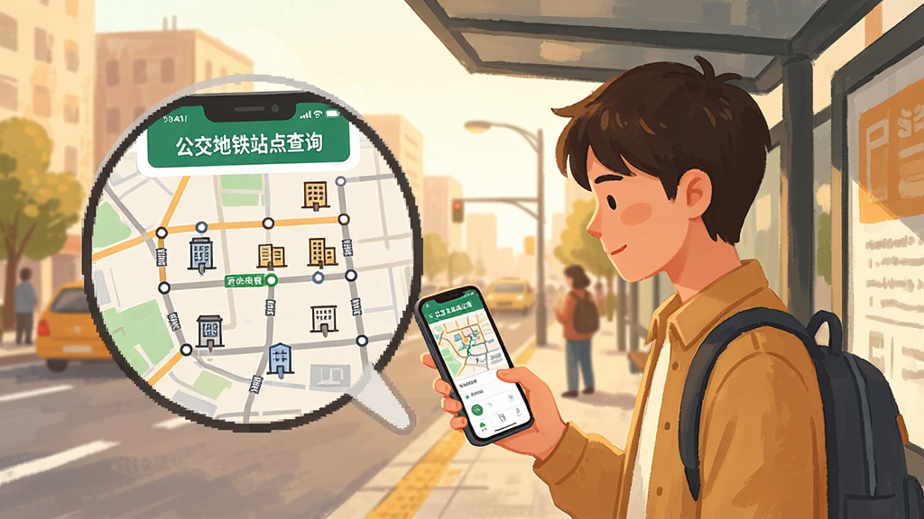 一张生活化场景的插画,画面中一位年轻人站在公交站台,手持手机查看“公交地铁站点查询”应用,手机屏幕放大显示站点周边地图与建筑物图标,背景是繁华的城市街景,风格温暖明亮,画质清晰,干净无多余元素