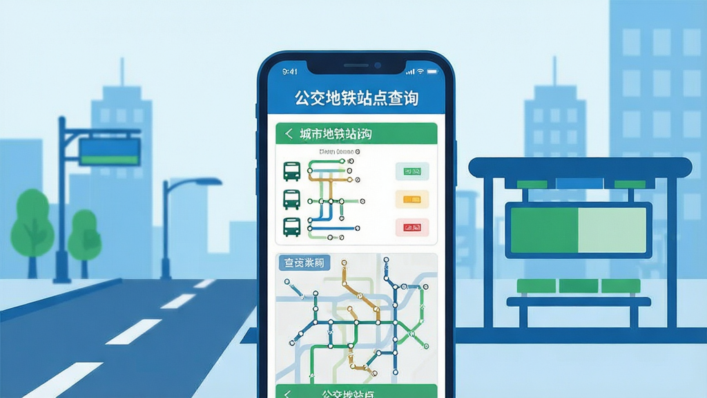 一张展示城市公共交通出行的扁平化插画,画面中央是一部智能手机,手机屏幕上显示着“公交地铁站点查询”的应用界面,界面中包含公交线路列表和地铁线路图元素,背景是简洁的城市街道与公交站台剪影,风格清新现代,色彩以蓝色和绿色为主,画质清晰,干净无多余元素