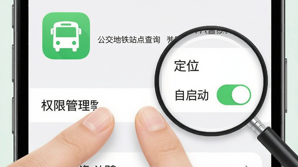 一张展示手机设置界面的示意图,画面中手指正在点击“权限管理”选项,旁边有放大镜特效突出“定位”和“自启动”开关,背景是“公交地铁站点查询”应用图标,风格简洁明了,画质清晰,干净无多余元素