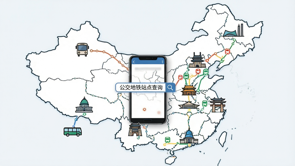 一张信息图表风格的插画,画面以中国地图轮廓为背景,地图上分布着多个城市地标图标,每个图标连接着公交和地铁的线路图,中心位置放置一部手机,手机上显示“公交地铁站点查询”的搜索框,风格简洁商务,画质清晰,干净无多余元素