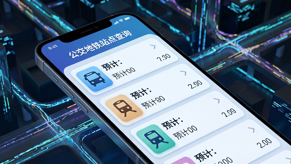 一张展示手机界面交互的3D渲染图,屏幕中显示“公交地铁站点查询”的换乘方案对比列表,包含多条路线卡片,卡片上有公交、地铁图标和预计时间,背景是抽象的城市交通网络线条,风格科技感十足,画质高清,干净无多余元素