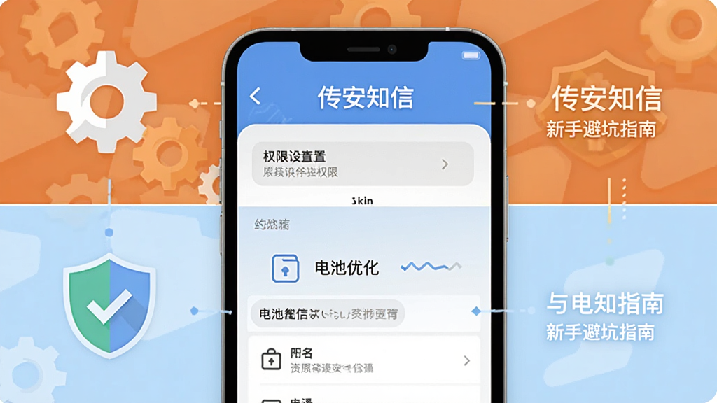 传安知信新手避坑指南示意图,画面主体为手机屏幕显示权限设置与电池优化界面,布局为上下分层,风格扁平化说明图,细节包含齿轮图标与盾牌标识,画质清晰干净,画面中带有“传安知信”文字,无多余元素