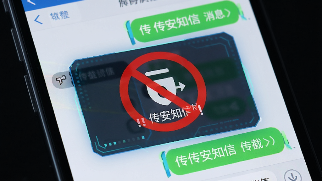 传安知信消息防截屏功能展示,画面主体为手机屏幕弹出禁止截屏的提示图标,布局居中,风格警示科技感,细节包含红色禁止符号与聊天界面,画质清晰干净,画面中带有“传安知信”文字,无多余元素