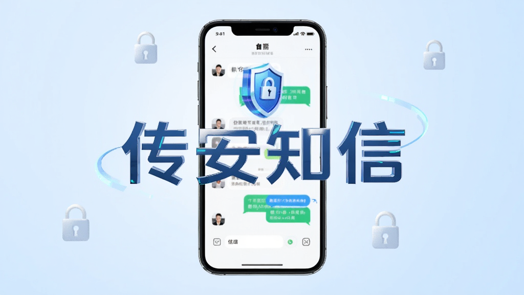 传安知信是一款安全通信应用,画面中央展示一部智能手机,屏幕显示加密聊天界面与盾牌图标,主体突出“传安知信”文字标识,布局采用居中构图,背景为浅蓝色渐变,风格简洁科技感,细节包含锁形图标与信息气泡,画质清晰干净无多余元素