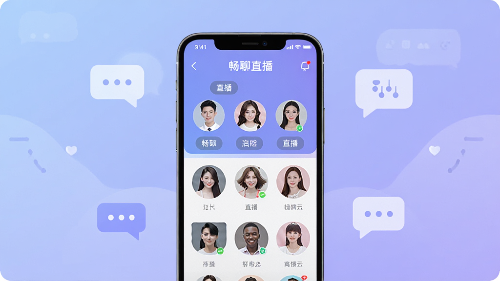 画面中央放置一部智能手机,手机屏幕显示畅聊直播APP的主界面,界面中有多个主播头像和直播分类标签,背景为柔和的蓝紫色渐变,周围散布简约的聊天气泡图标,整体布局居中对称,风格为现代扁平化UI展示,细节清晰,画质干净,无多余元素