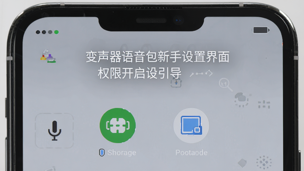变声器语音包新手设置界面,手机屏幕显示权限开启引导页面,主体为手机屏幕特写,布局为上下结构,排版清晰,风格为扁平化教程风,细节包含麦克风、存储、悬浮窗权限图标,画质高清,干净,无多余元素