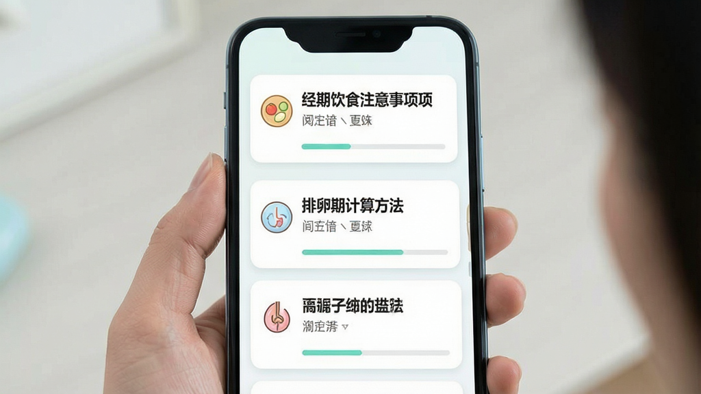 大姨妈软件健康知识页面,画面中展示多篇科普文章卡片,标题如“经期饮食注意事项”“排卵期计算方法”,布局为上下滑动列表,风格清新浅色,细节包括小图标和阅读进度条,画质干净,无多余元素