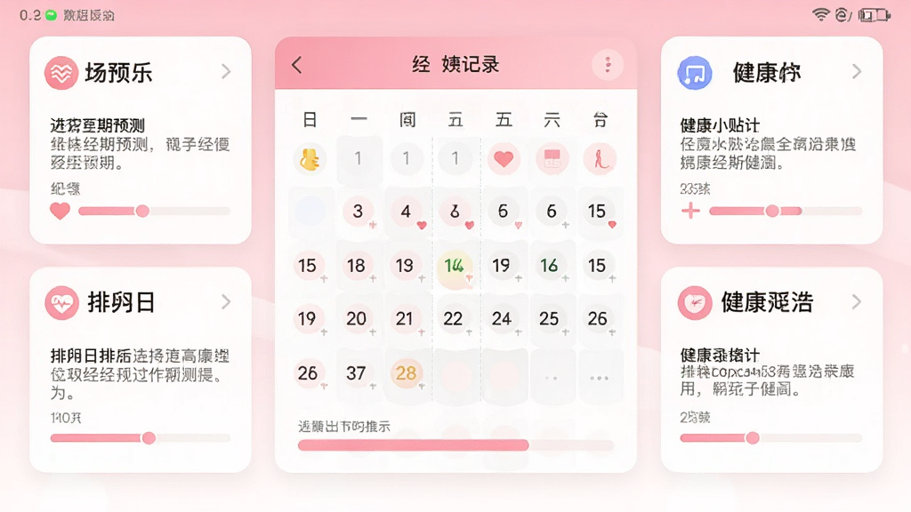 大姨妈软件主界面截图,画面中央展示日历式经期记录面板,四周环绕经期预测、排卵日提示、健康小贴士等卡片,整体布局清晰,采用柔和的粉色与白色渐变风格,细节包括日期标记、小图标和进度条,画质干净清晰,无多余元素