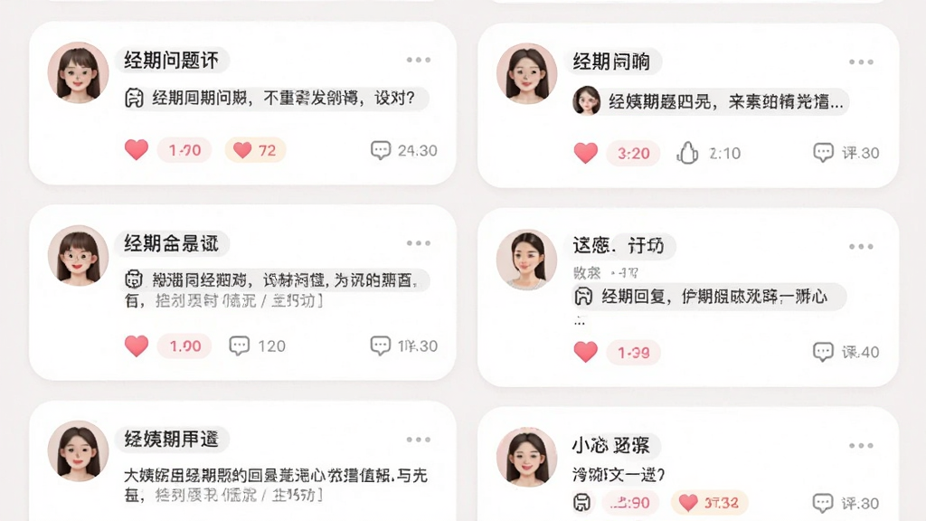 大姨妈软件社区界面,画面显示多个用户发帖与回复,帖子内容围绕经期问题交流,布局为瀑布流卡片,风格柔和圆角,细节包括头像、点赞按钮和评论数,画质干净,无多余元素