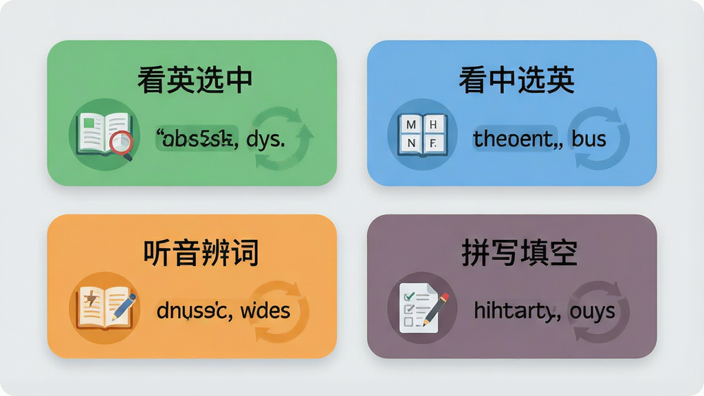 一张展示多种单词训练模式的组合图,画面分为四个等大的圆角矩形卡片,分别标注