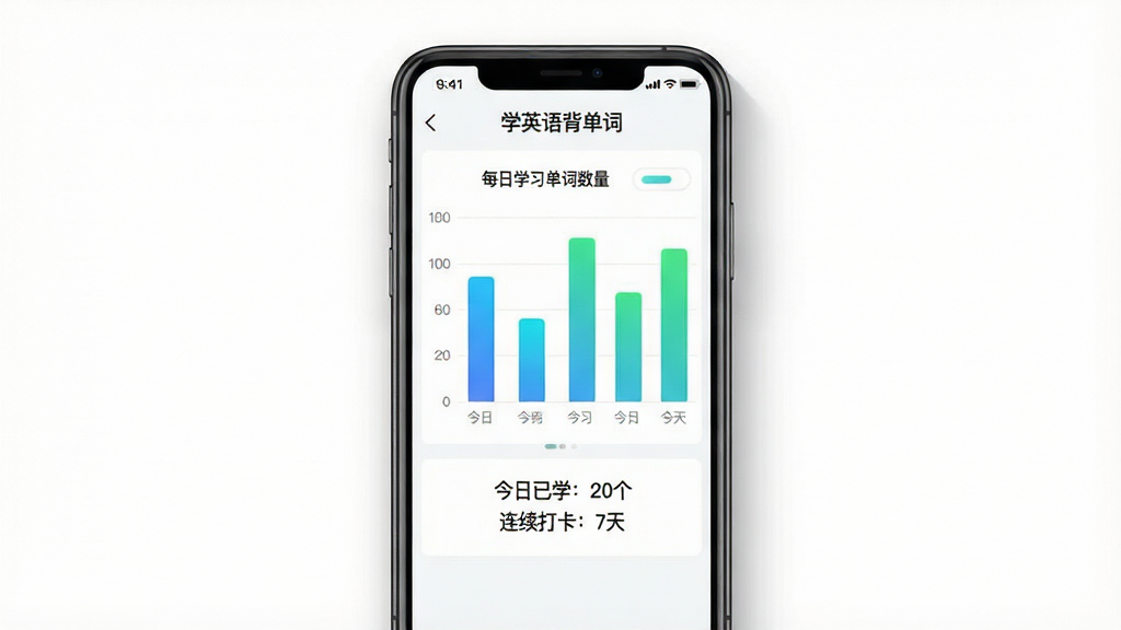 一张展示学习数据统计页面的手机截图风格图,画面中央是一部手机,屏幕上显示着