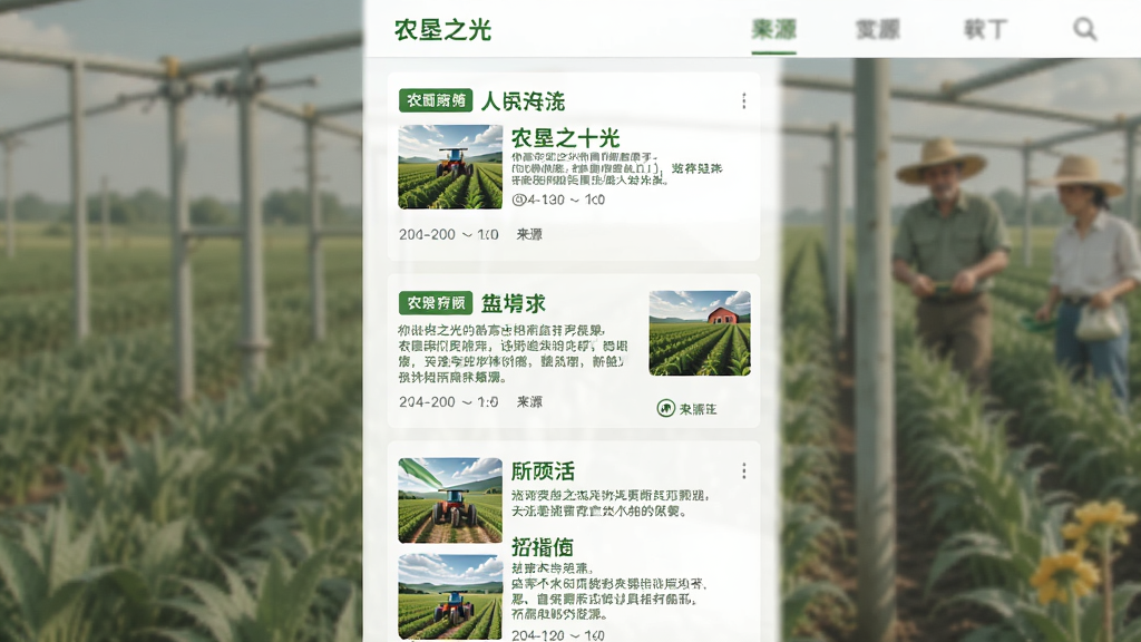主体为农垦之光应用中的资讯列表页面,布局为多张新闻卡片纵向排列,排版为标题加摘要加缩略图的组合形式,风格为清新农业风,细节包括绿色标签、时间戳、来源标识,画质高清,干净,无多余元素